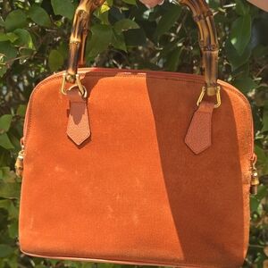 GUCCI Authentic  Bamboo  Suede ORANGE  Purse Satchel Handbag Designer
